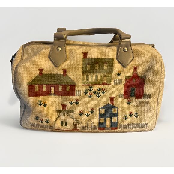 Vtg Elizabeth Turner Cross Stitch Needlepoint House Village Tapestry Purse Bag - Picture 4 of 10